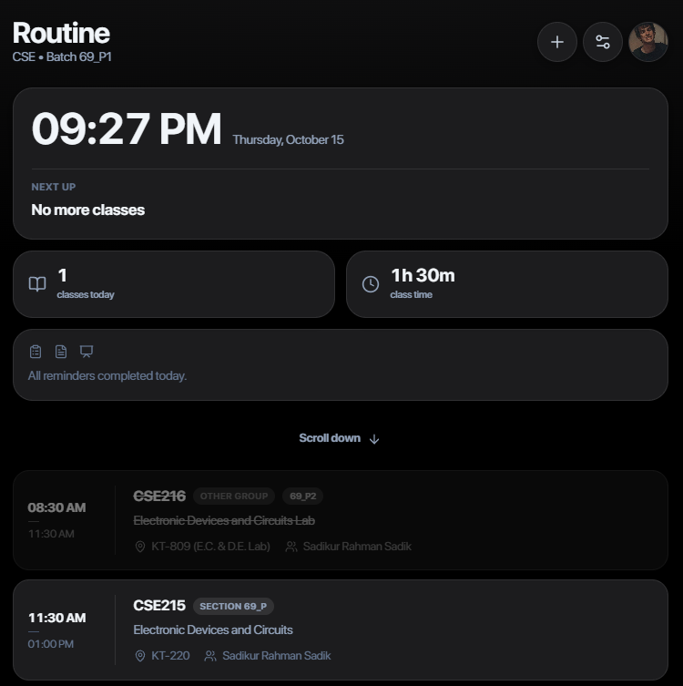 Routine Scrapper Max interface showing today's class schedule